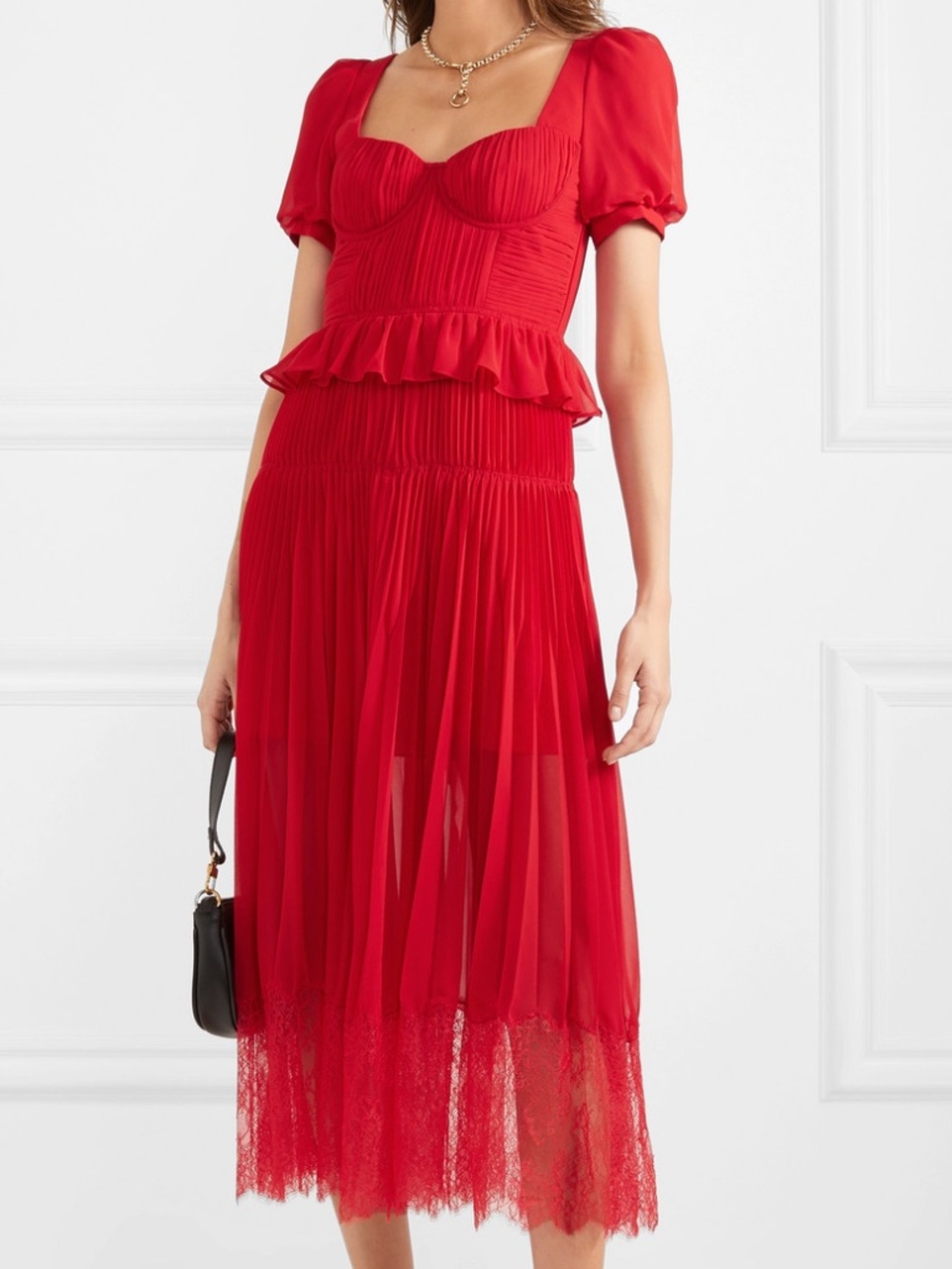 Self-Portrait Red Chiffon and Lace Midi Dress